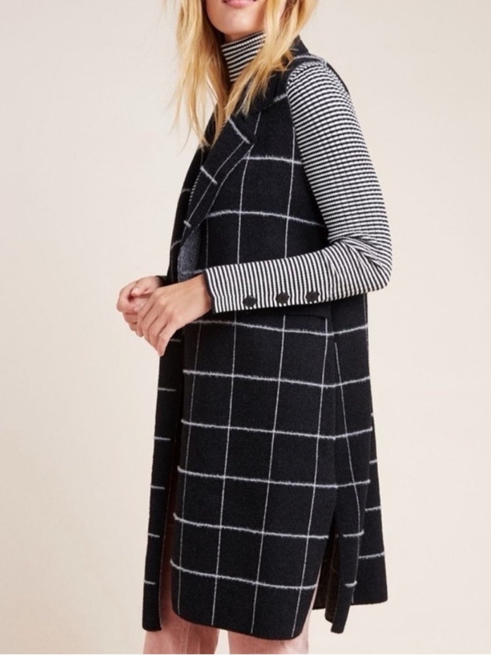 Anthropologie Quinn Windowpane Fuzzy Long Vest Cardigan Sweater OS